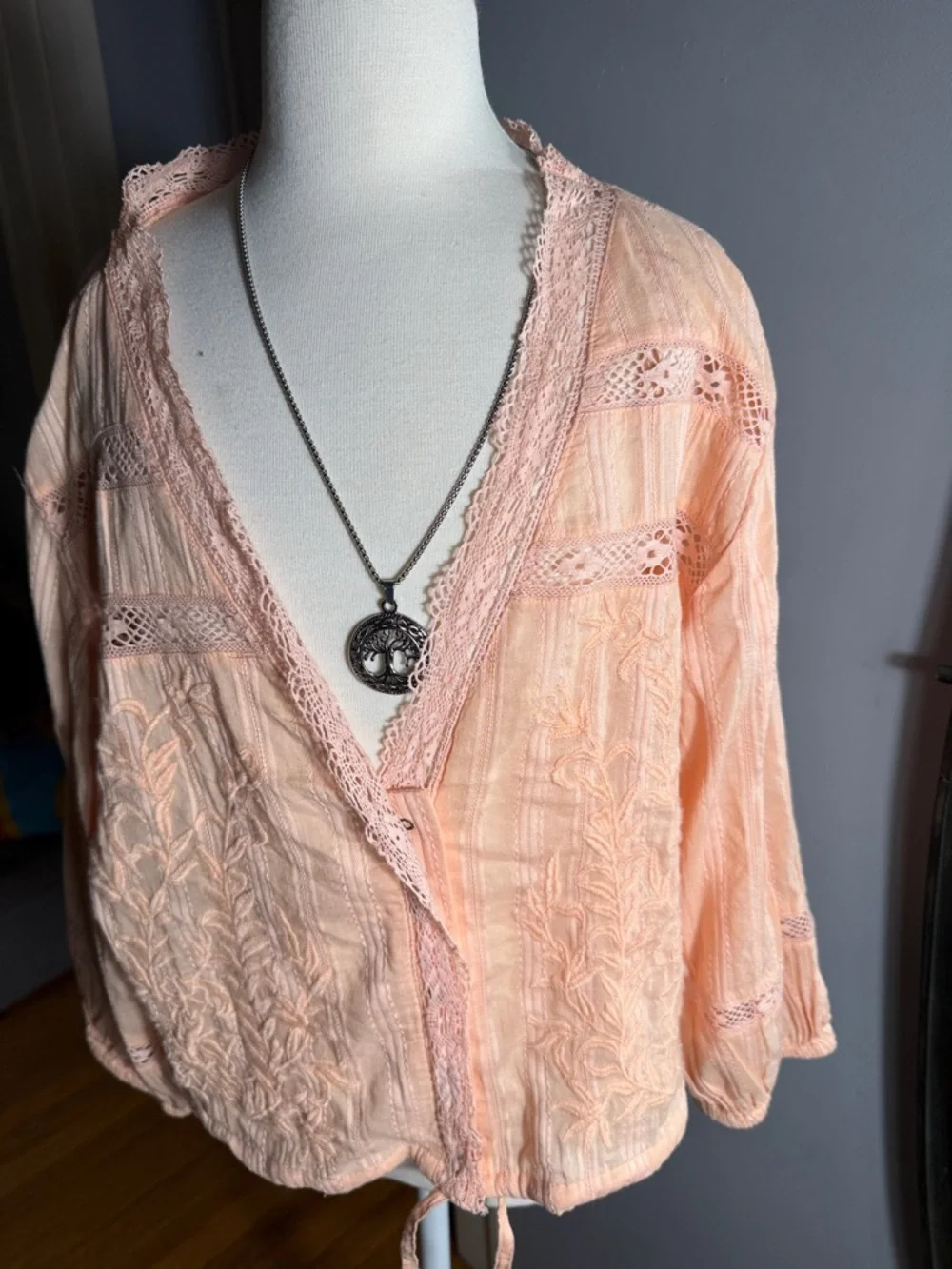 Free People Peach Lace-Trim Tie-Front Crop Top